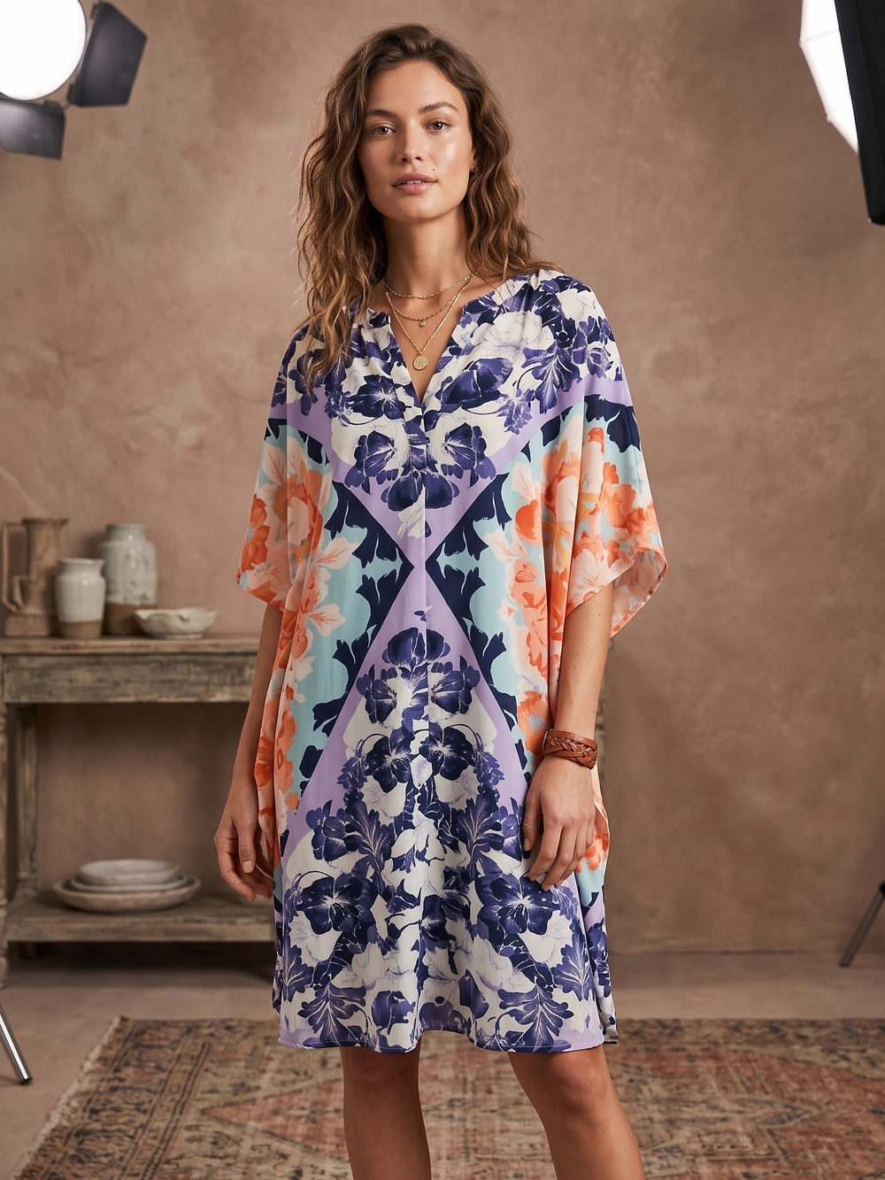 Maeve Anthropologie Floral Pleated V-Neck Caftan Mini Dress Large